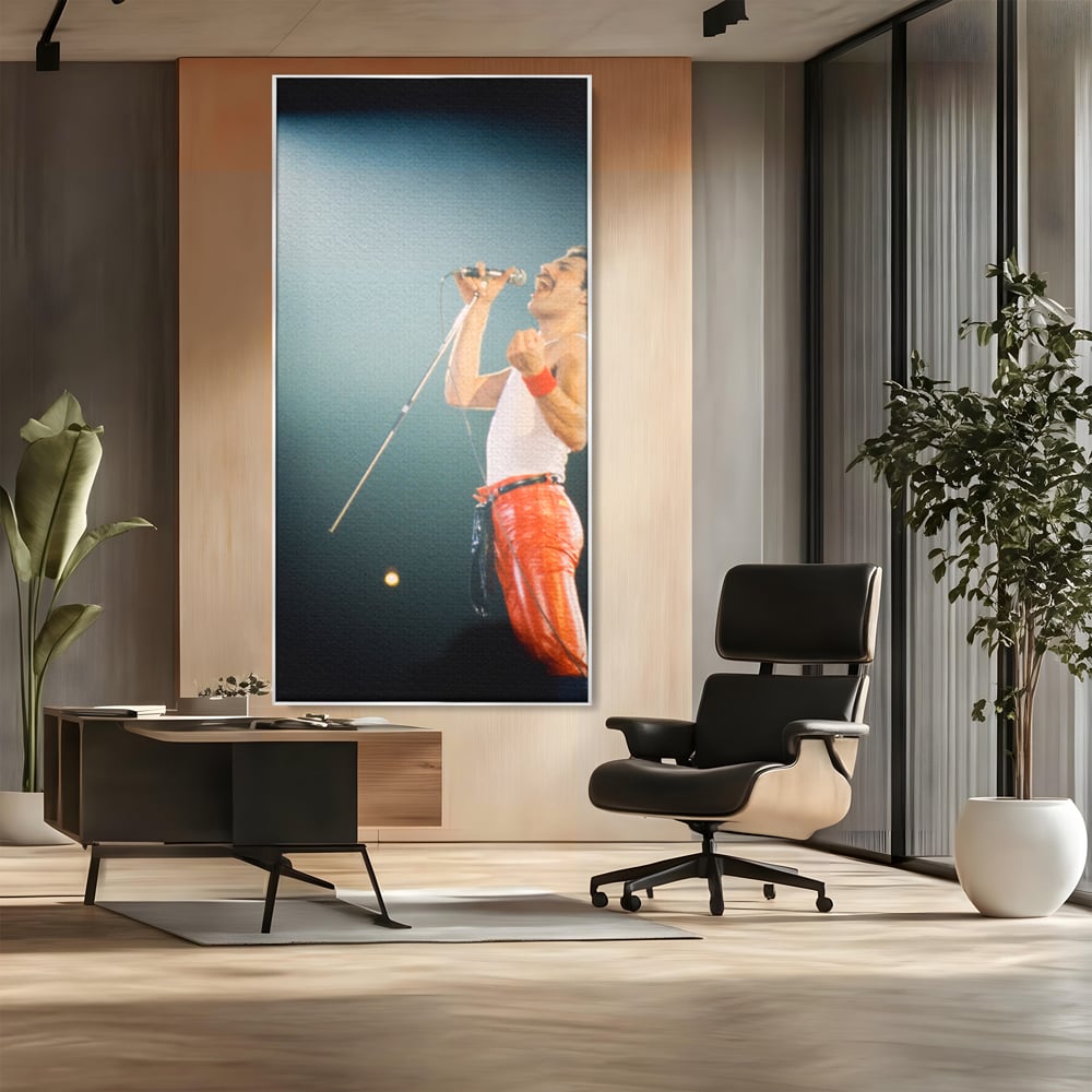 Tablou canvas cu tablou canvas cu freddie mercury, in rama de aluminiu argintiu, pe perete intr-un birou